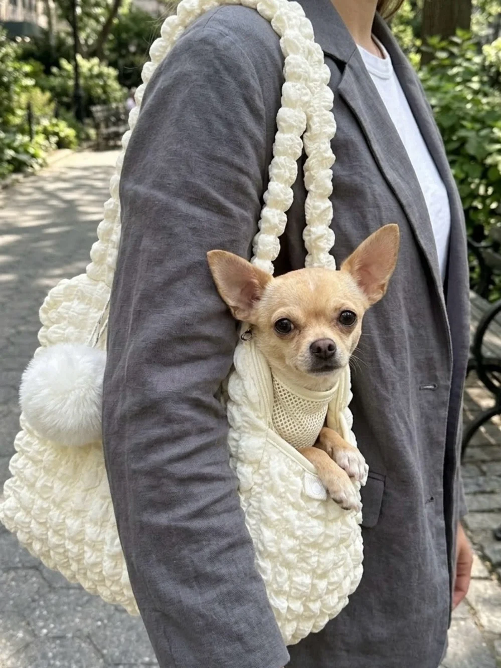 Cream Textured Popcorn Mesh Pet Carrier Tote with Pom Keychain